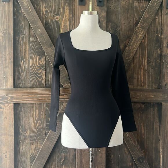 Bodysuits Sexy Ribbed Long Sleeve Square Neck One Piece Bodysuit - Picture 7 of 12